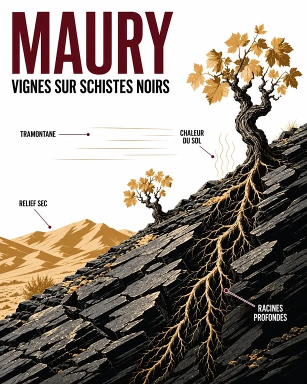 Vin maury rouge : terroir de schistes noirs et vignobles du Roussillon