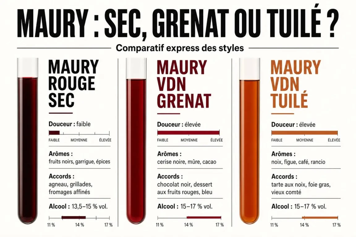 Vin maury rouge : comparatif des styles sec, VDN grenat et tuilé