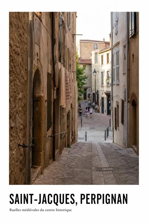 st jacques perpignan, ruelles médiévales en pente et façades anciennes du quartier