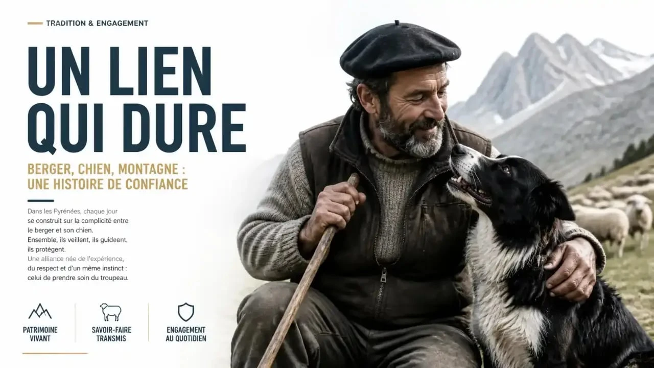 Berger et son chien de troupeau durant la transhumance Pyrénées 2025