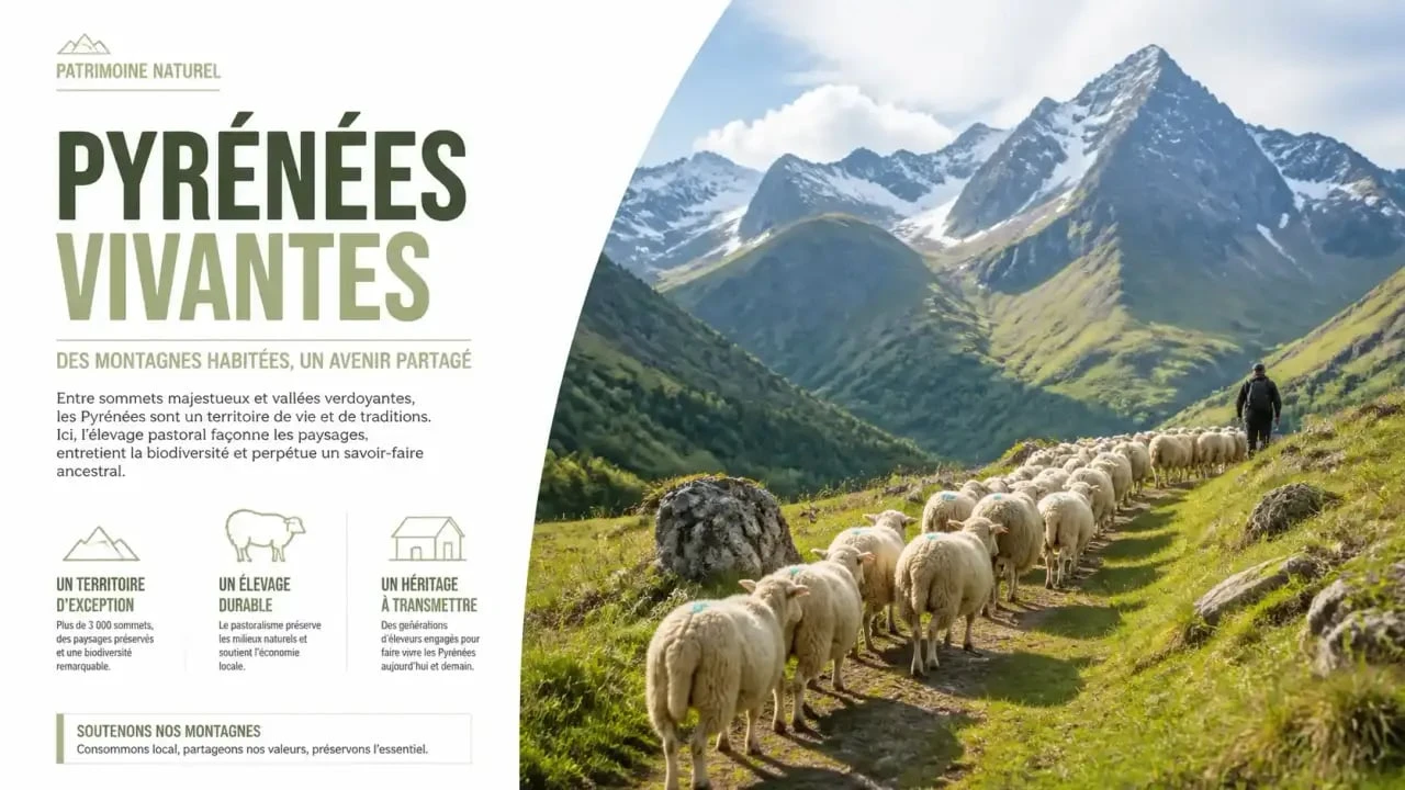 Troupeau de brebis lors de la transhumance Pyrénées 2025 dans un paysage de montagne