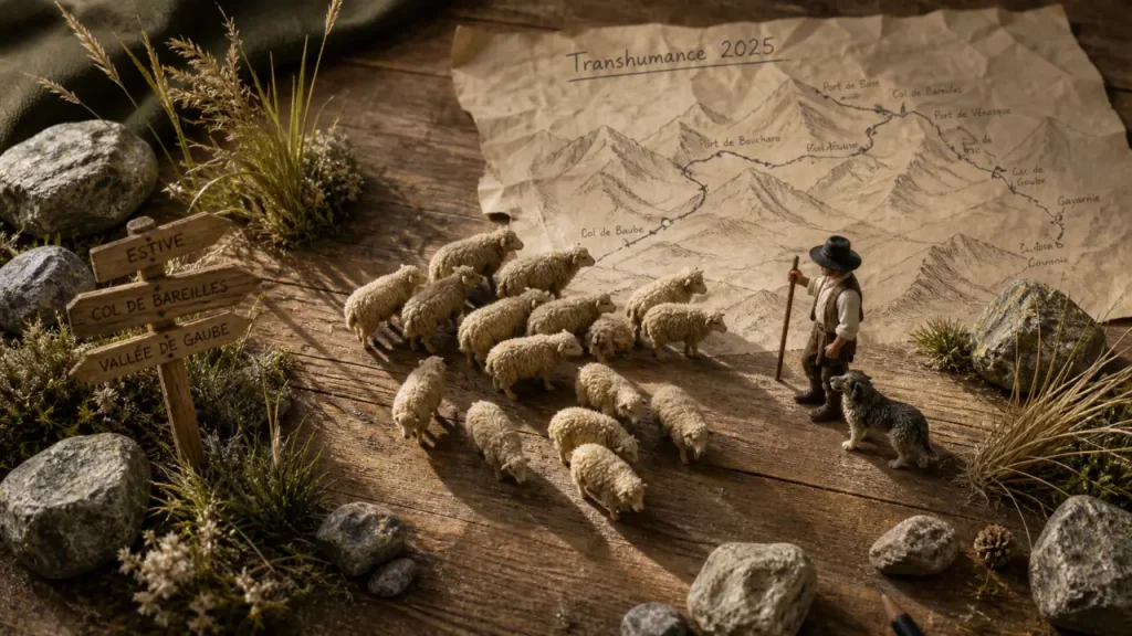 Transhumance pyrénées 2025 : troupeau de brebis et berger