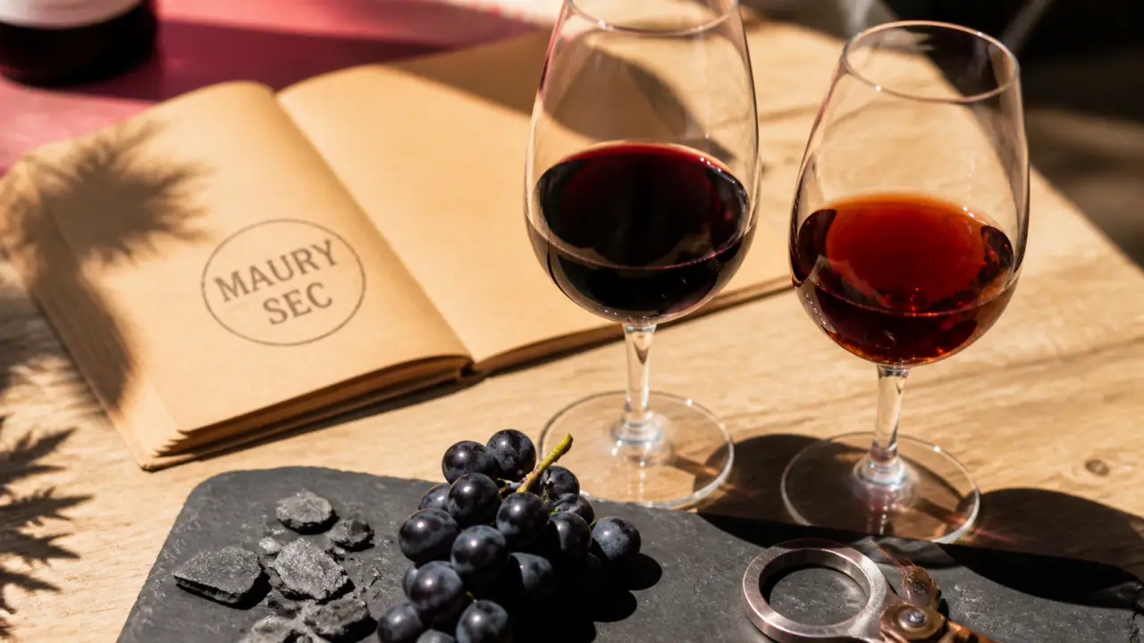 Vin maury rouge : Maury sec et VDN sur table