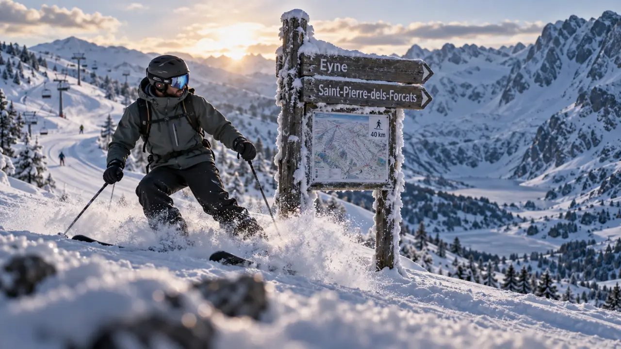 Cambre d aze : panneau Eyne et Saint-Pierre-dels-Forcats, neige et skieur