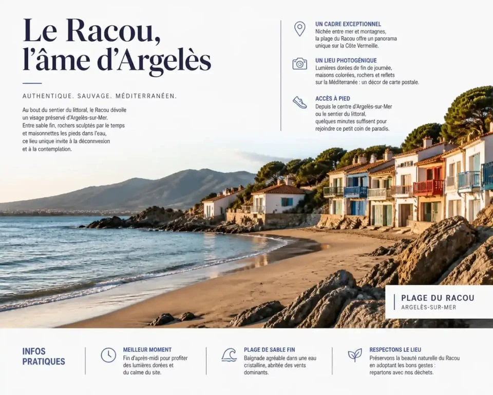 Vue panoramique de la plage du Racou à Argelès-sur-Mer avec ses maisonnettes typiques et ses rochers.