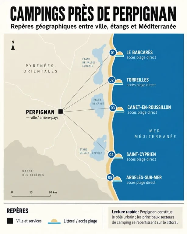 Infographie des campings bij perpignan et des principales communes du littoral méditerranéen