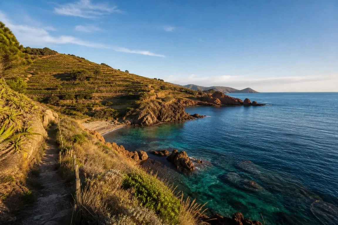 Crique de Paulilles, vue panoramique sur le littoral et les vignes en terrasse