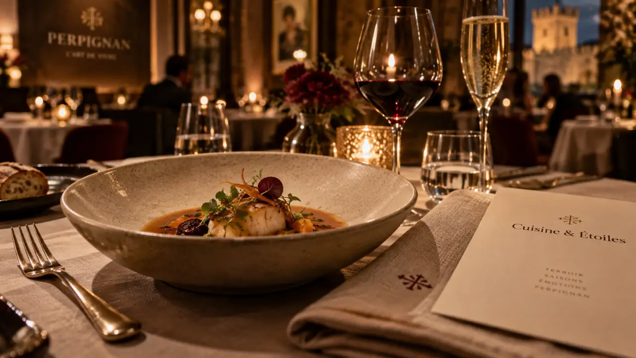 Restaurant gastronomique perpignan et alentours : assiette et salle feutrée
