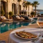 Restaurant piscine Perpignan : table et daurade près de la piscine d’hôtel, vue mer