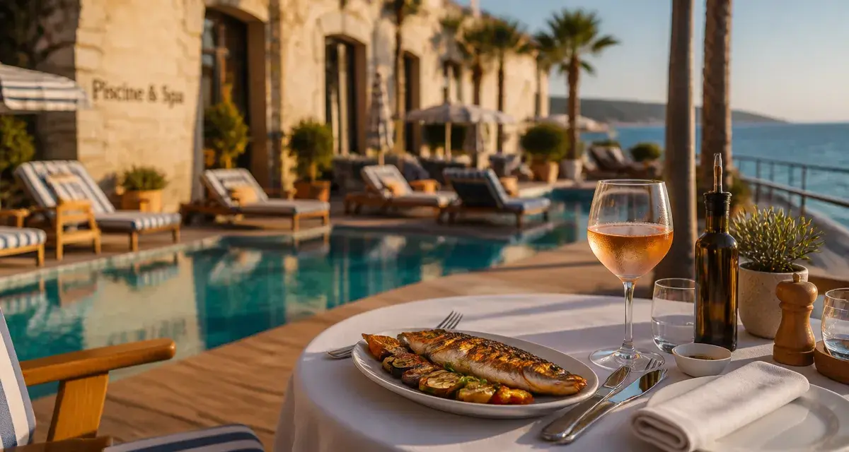 Restaurant piscine Perpignan : table et daurade près de la piscine d’hôtel, vue mer