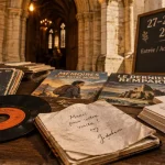 Festival bd Perpignan 2025, dates 27–28 sept. sur panneau dans un porche d’église