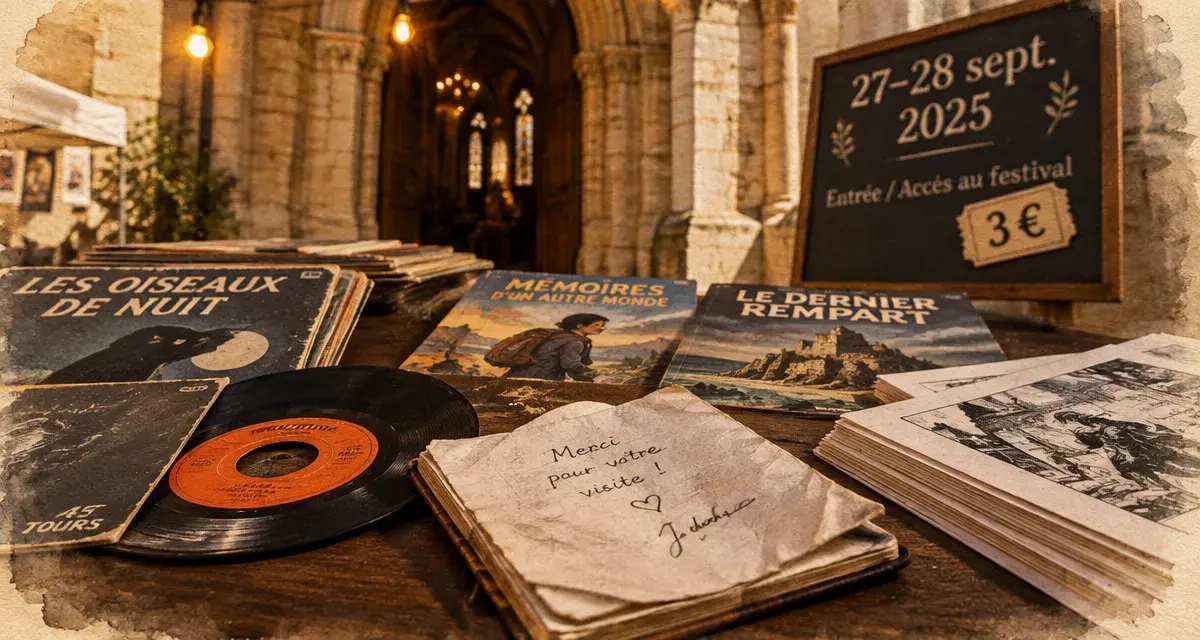 Festival bd Perpignan 2025, dates 27–28 sept. sur panneau dans un porche d’église