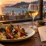 Restaurant étoilé 66 : menu étoilé, cuisine végétale vue mer, verre de vin blanc