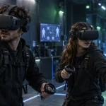 VR Perpignan : deux amis en arène VR avec casques et joysticks